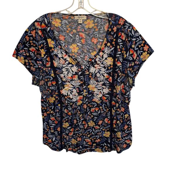Style & Co Embroidered Floral Top Womens XXL Blue Yellow Peasant Boho Knit Tee - Picture 1 of 7